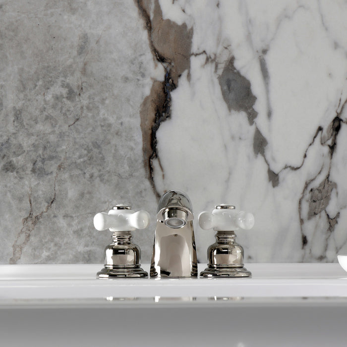 Kingston Heirloom KB956PXPN - Victorian Two-Handle 3-Hole Deck Mount Mini-Widespread Bathroom Faucet with Pop-Up Drain, Polished Nickel