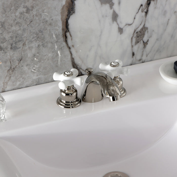 Kingston Heirloom KB956PXPN - Victorian Two-Handle 3-Hole Deck Mount Mini-Widespread Bathroom Faucet with Pop-Up Drain, Polished Nickel