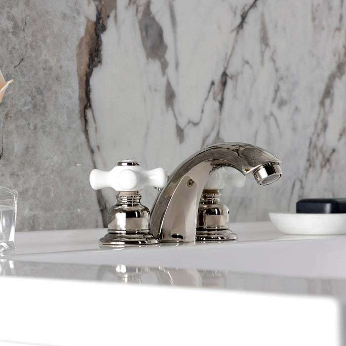Kingston Heirloom KB956PXPN - Victorian Two-Handle 3-Hole Deck Mount Mini-Widespread Bathroom Faucet with Pop-Up Drain, Polished Nickel