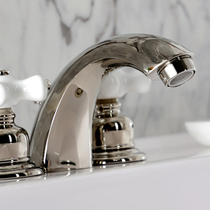 Kingston Heirloom KB956PXPN - Victorian Two-Handle 3-Hole Deck Mount Mini-Widespread Bathroom Faucet with Pop-Up Drain, Polished Nickel