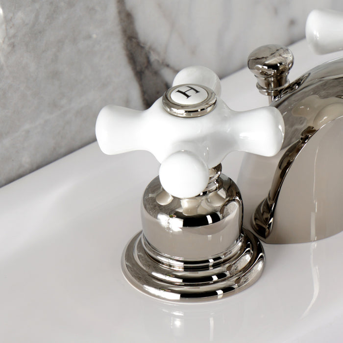 Kingston Heirloom KB956PXPN - Victorian Two-Handle 3-Hole Deck Mount Mini-Widespread Bathroom Faucet with Pop-Up Drain, Polished Nickel