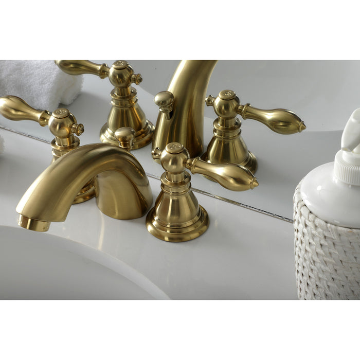 Kingston Tulare KB957ACLSB - American Classic Two-Handle 3-Hole Deck Mount Mini-Widespread Bathroom Faucet with Pop-Up Drain, Brushed Brass
