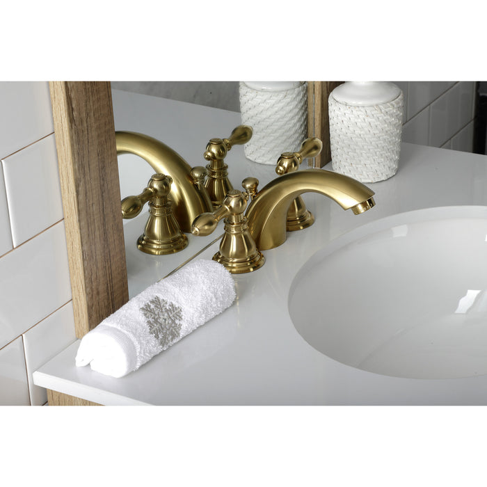 Kingston Tulare KB957ACLSB - American Classic Two-Handle 3-Hole Deck Mount Mini-Widespread Bathroom Faucet with Pop-Up Drain, Brushed Brass