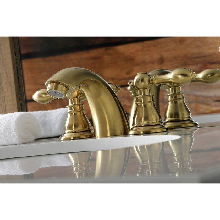 Kingston Tulare KB957ACLSB - American Classic Two-Handle 3-Hole Deck Mount Mini-Widespread Bathroom Faucet with Pop-Up Drain, Brushed Brass