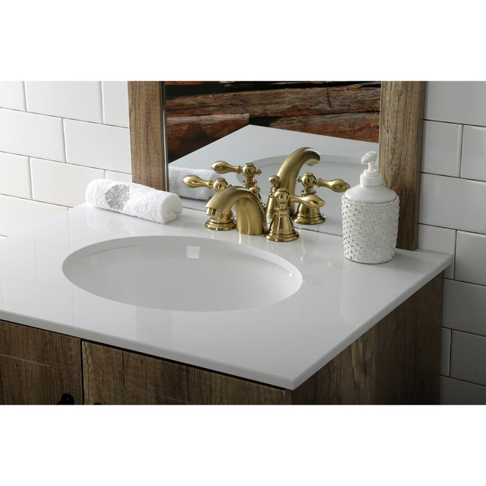 Kingston Tulare KB957ACLSB - American Classic Two-Handle 3-Hole Deck Mount Mini-Widespread Bathroom Faucet with Pop-Up Drain, Brushed Brass