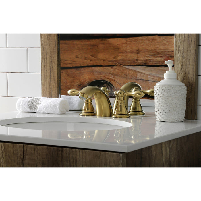 Kingston Tulare KB957ACLSB - American Classic Two-Handle 3-Hole Deck Mount Mini-Widespread Bathroom Faucet with Pop-Up Drain, Brushed Brass