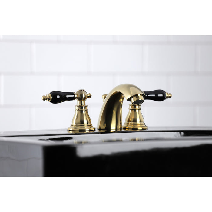 Kingston Heirloom KB957AKLSB - Duchess Two-Handle 3-Hole Deck Mount Mini-Widespread Bathroom Faucet with Pop-Up Drain, Brushed Brass