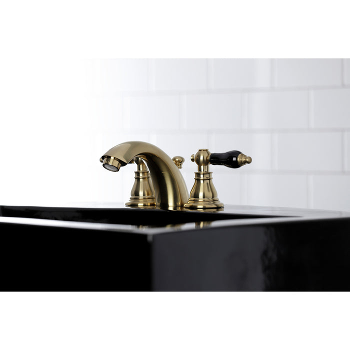 Kingston Heirloom KB957AKLSB - Duchess Two-Handle 3-Hole Deck Mount Mini-Widespread Bathroom Faucet with Pop-Up Drain, Brushed Brass