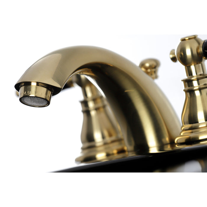 Kingston Heirloom KB957AKLSB - Duchess Two-Handle 3-Hole Deck Mount Mini-Widespread Bathroom Faucet with Pop-Up Drain, Brushed Brass