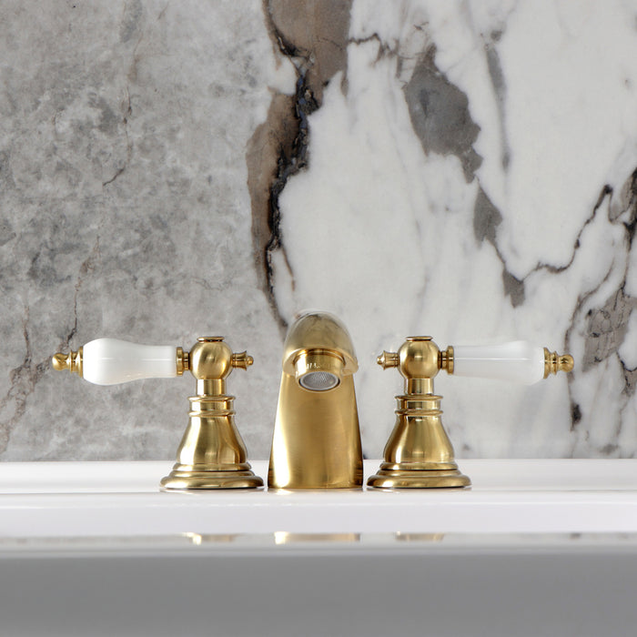 Kingston Tulare KB957APLSB - American Patriot Two-Handle 3-Hole Deck Mount Mini-Widespread Bathroom Faucet with Pop-Up Drain, Brushed Brass