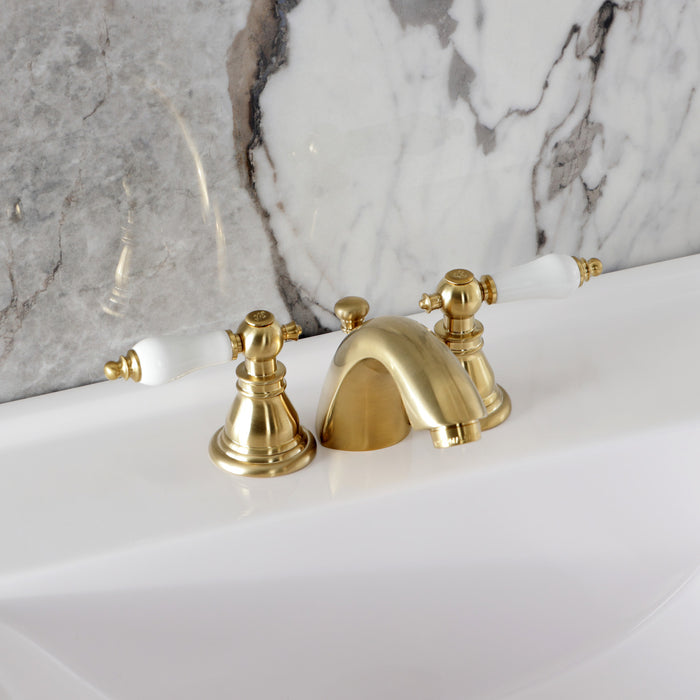 Kingston Tulare KB957APLSB - American Patriot Two-Handle 3-Hole Deck Mount Mini-Widespread Bathroom Faucet with Pop-Up Drain, Brushed Brass