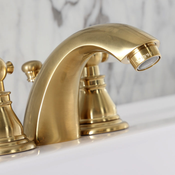 Kingston Tulare KB957APLSB - American Patriot Two-Handle 3-Hole Deck Mount Mini-Widespread Bathroom Faucet with Pop-Up Drain, Brushed Brass