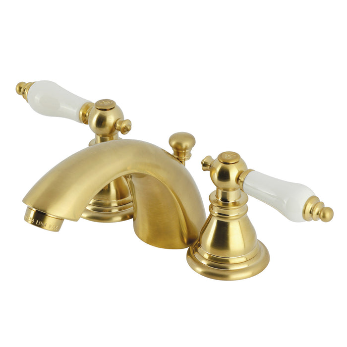American Patriot KB957APLSB Two-Handle 3-Hole Deck Mount Mini-Widespread Bathroom Faucet with Plastic Pop-Up, Brushed Brass