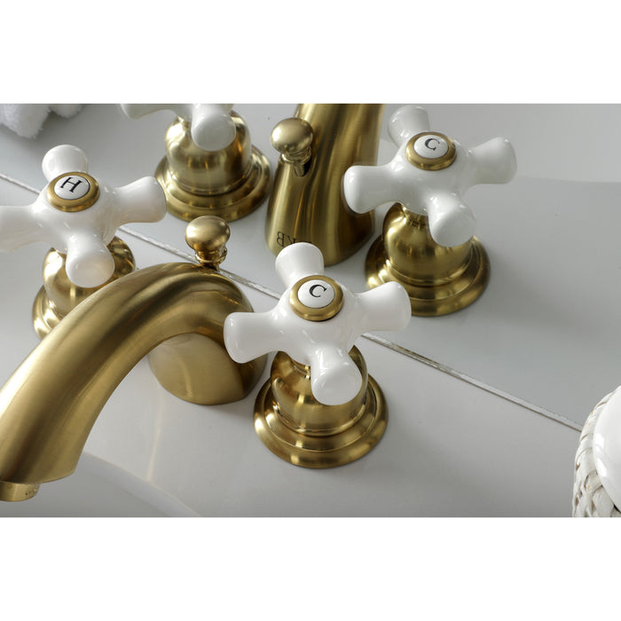 Victorian KB957PXSB Two-Handle 3-Hole Deck Mount Mini-Widespread Bathroom Faucet with Pop-Up Drain, Brushed Brass