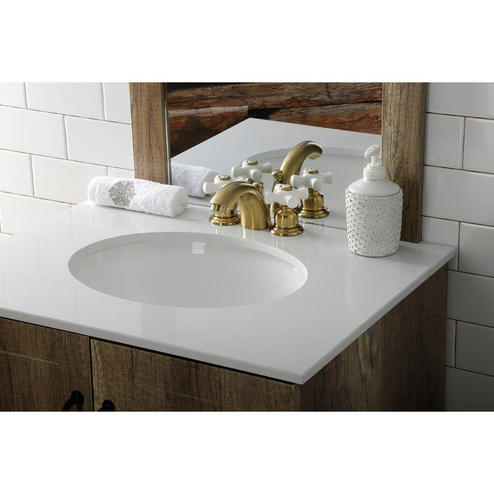 Victorian KB957PXSB Two-Handle 3-Hole Deck Mount Mini-Widespread Bathroom Faucet with Pop-Up Drain, Brushed Brass