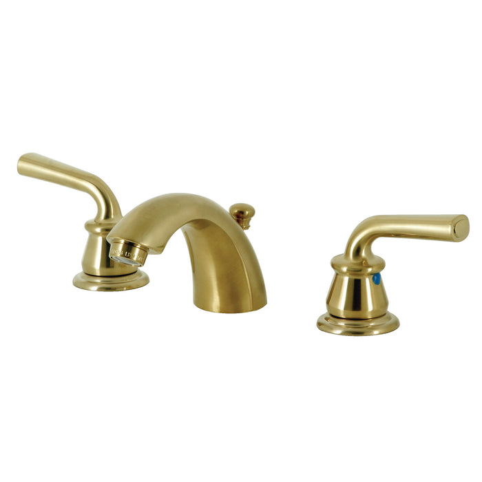 Kingston Tulare KB957RXLSB - Restoration Two-Handle 3-Hole Deck Mount Mini-Widespread Bathroom Faucet with Pop-Up Drain, Brushed Brass