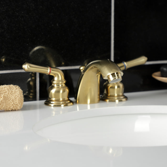 Kingston Tulare KB957SB - Magellan Two-Handle 3-Hole Deck Mount Mini-Widespread Bathroom Faucet with Pop-Up Drain, Brushed Brass