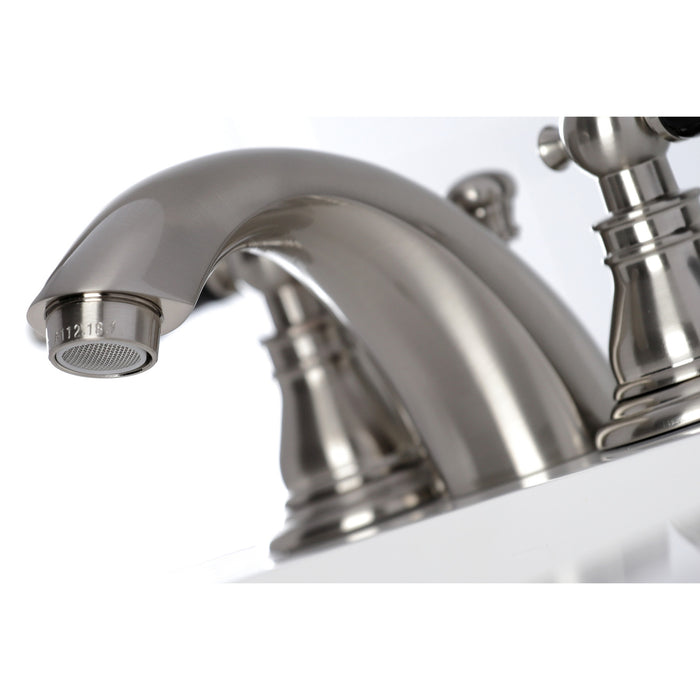 Kingston Heirloom KB958AKL - Duchess Two-Handle 3-Hole Deck Mount Mini-Widespread Bathroom Faucet with Pop-Up Drain, Brushed Nickel