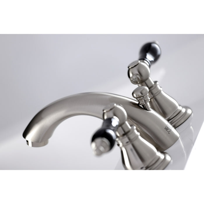 Kingston Heirloom KB958AKL - Duchess Two-Handle 3-Hole Deck Mount Mini-Widespread Bathroom Faucet with Pop-Up Drain, Brushed Nickel
