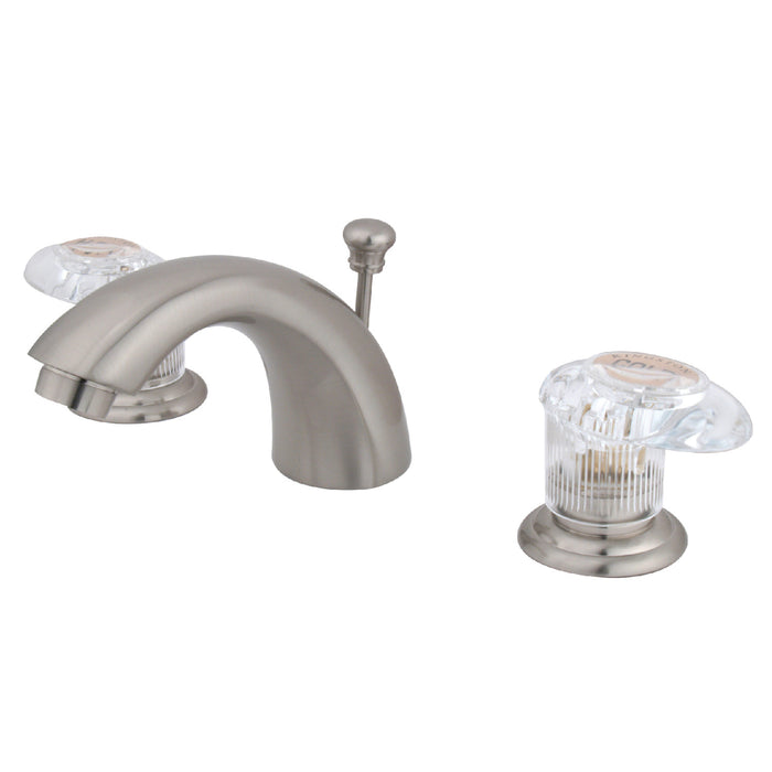 Kingston Tulare KB958ALL - Magellan Two-Handle 3-Hole Deck Mount Mini-Widespread Bathroom Faucet with Pop-Up Drain, Brushed Nickel