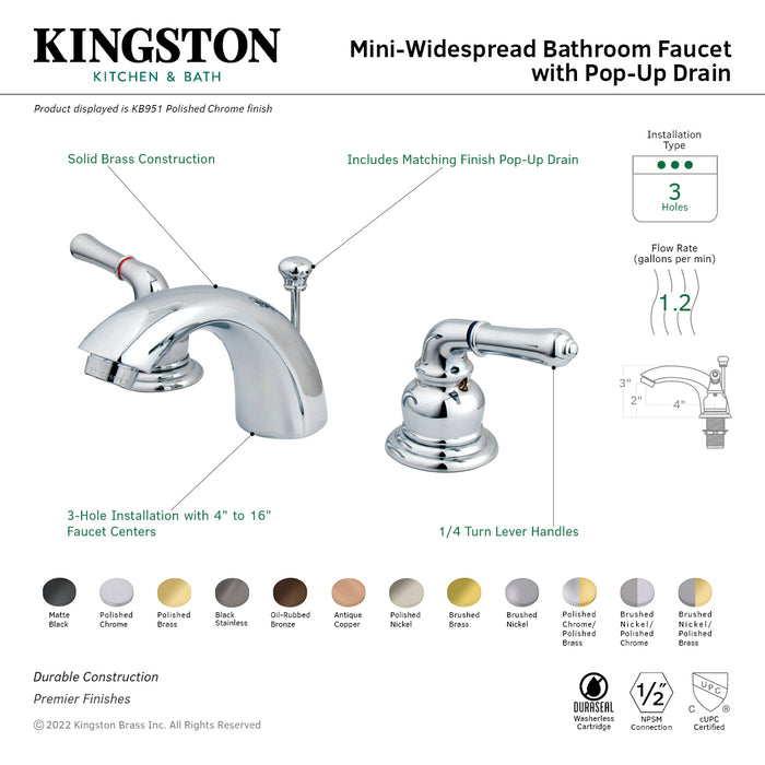 Kingston Tulare KB959 - Magellan Two-Handle 3-Hole Deck Mount Mini-Widespread Bathroom Faucet with Pop-Up Drain, Brushed Nickel/Polished Brass