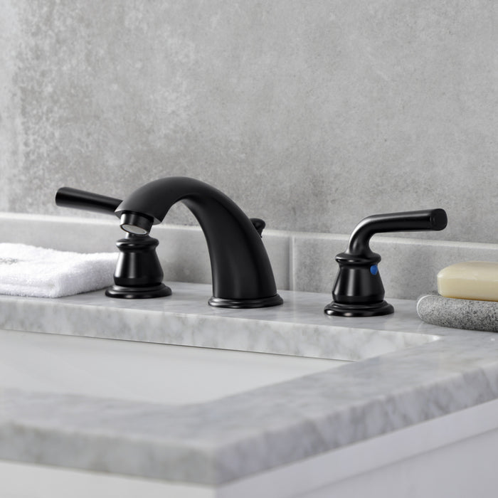 Kingston Tulare KB960RXL - Restoration Two-Handle 3-Hole Deck Mount Widespread Bathroom Faucet with Pop-Up Drain, Matte Black