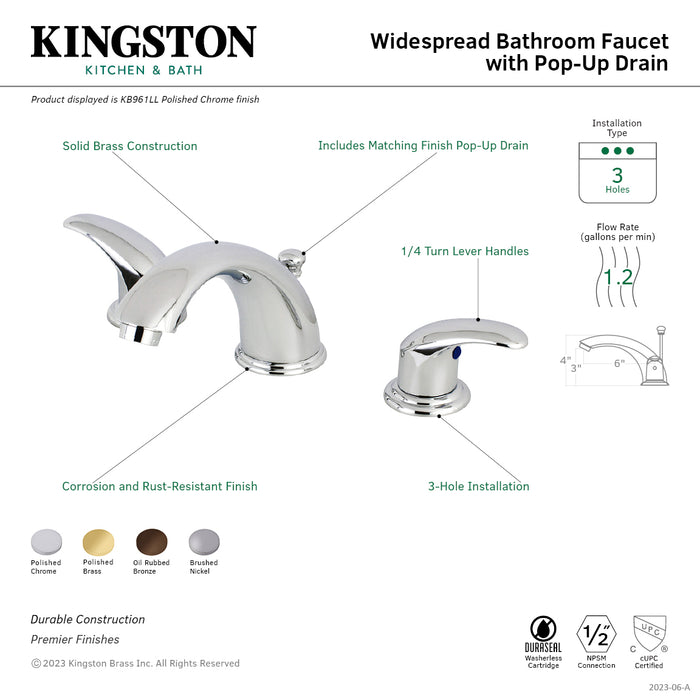 Kingston Tulare KB961LL - Legacy Two-Handle 3-Hole Deck Mount Widespread Bathroom Faucet with Pop-Up Drain, Polished Chrome