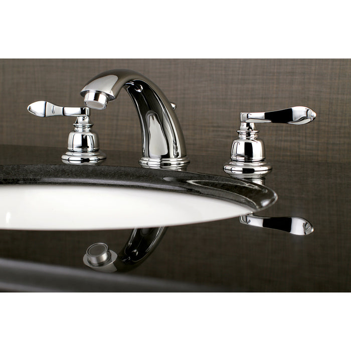 NuWave French KB961NFL Two-Handle 3-Hole Deck Mount Widespread Bathroom Faucet with Plastic Pop-Up, Polished Chrome