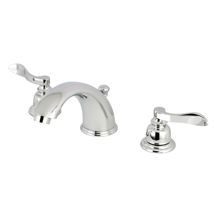 Kingston Tulare KB961NFL - NuWave French Two-Handle 3-Hole Deck Mount Widespread Bathroom Faucet with Pop-Up Drain, Polished Chrome