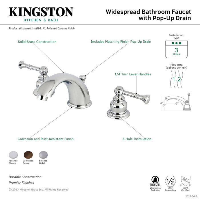 Kingston Tulare KB961NL - Naples Two-Handle 3-Hole Deck Mount Widespread Bathroom Faucet with Pop-Up Drain, Polished Chrome