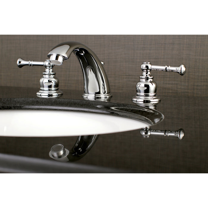 Kingston Tulare KB961NL - Naples Two-Handle 3-Hole Deck Mount Widespread Bathroom Faucet with Pop-Up Drain, Polished Chrome