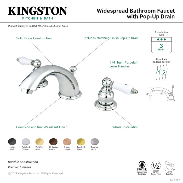 Kingston Heirloom KB961PL - Magellan Two-Handle 3-Hole Deck Mount Widespread Bathroom Faucet with Pop-Up Drain, Polished Chrome