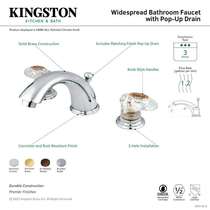 Kingston Tulare KB962ALL - Magellan Two-Handle 3-Hole Deck Mount Widespread Bathroom Faucet with Pop-Up Drain, Polished Brass