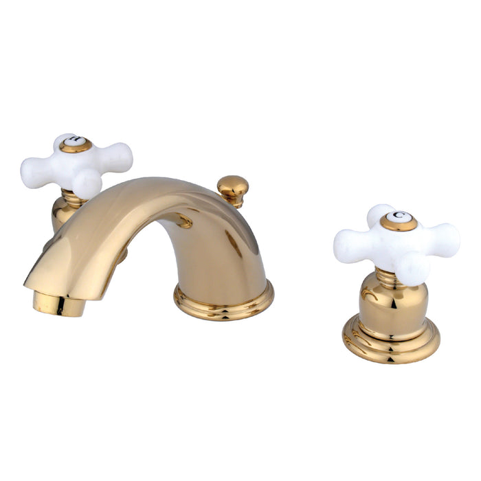 Kingston Heirloom KB962PX - Magellan Two-Handle 3-Hole Deck Mount Widespread Bathroom Faucet with Pop-Up Drain, Polished Brass