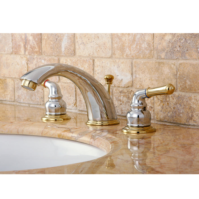 Magellan KB964 Two-Handle 3-Hole Deck Mount Widespread Bathroom Faucet with Plastic Pop-Up, Polished Chrome/Polished Brass