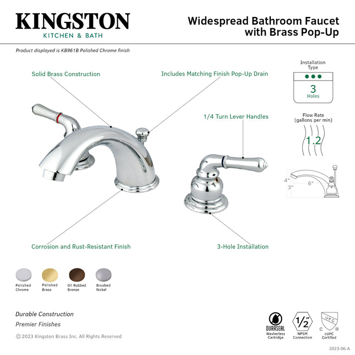 Kingston Tulare KB965B - Magellan Two-Handle 3-Hole Deck Mount Widespread Bathroom Faucet with Brass Pop-Up, Oil Rubbed Bronze