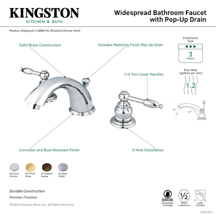 Kingston Heirloom KB965KL - Magellan Two-Handle 3-Hole Deck Mount Widespread Bathroom Faucet with Pop-Up Drain, Oil Rubbed Bronze