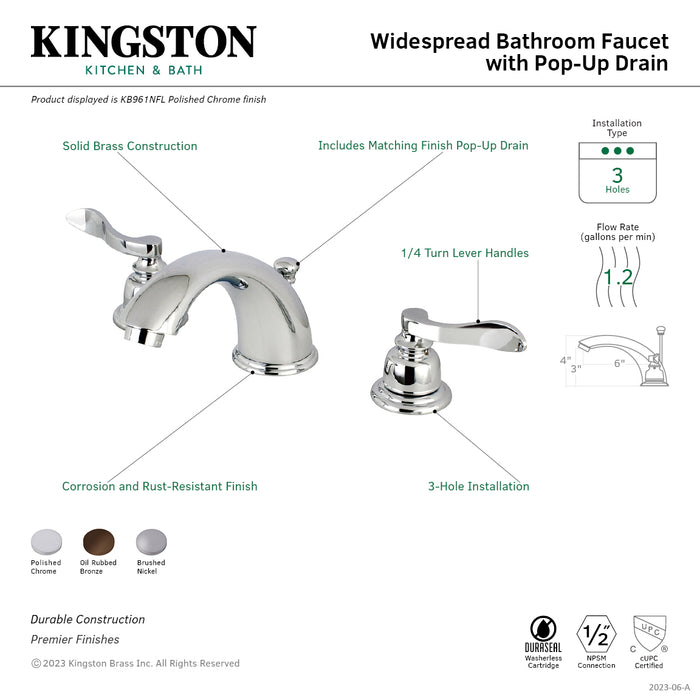 Kingston Tulare KB965NFL - NuWave French Two-Handle 3-Hole Deck Mount Widespread Bathroom Faucet with Pop-Up Drain, Oil Rubbed Bronze