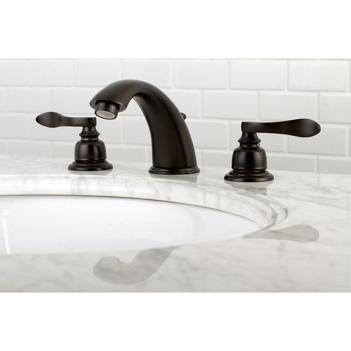 Kingston Tulare KB965NFL - NuWave French Two-Handle 3-Hole Deck Mount Widespread Bathroom Faucet with Pop-Up Drain, Oil Rubbed Bronze