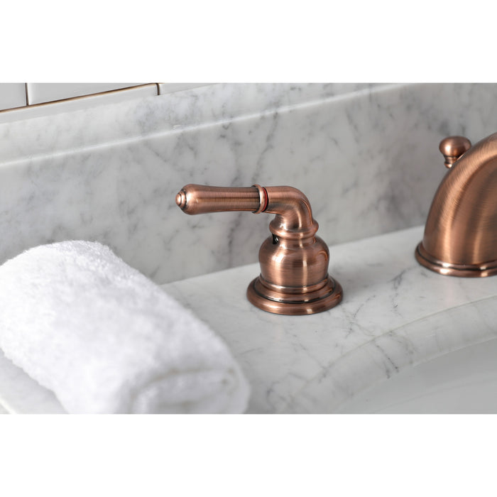 Kingston Tulare KB966 - Magellan Two-Handle 3-Hole Deck Mount Widespread Bathroom Faucet with Pop-Up Drain, Antique Copper