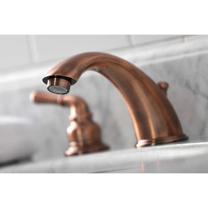 Kingston Tulare KB966 - Magellan Two-Handle 3-Hole Deck Mount Widespread Bathroom Faucet with Pop-Up Drain, Antique Copper