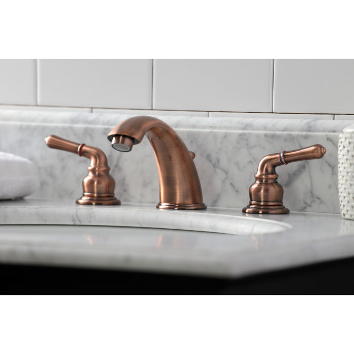 Kingston Tulare KB966 - Magellan Two-Handle 3-Hole Deck Mount Widespread Bathroom Faucet with Pop-Up Drain, Antique Copper