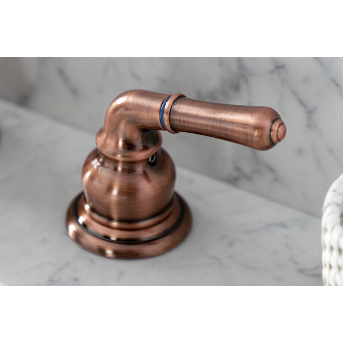 Kingston Tulare KB966 - Magellan Two-Handle 3-Hole Deck Mount Widespread Bathroom Faucet with Pop-Up Drain, Antique Copper