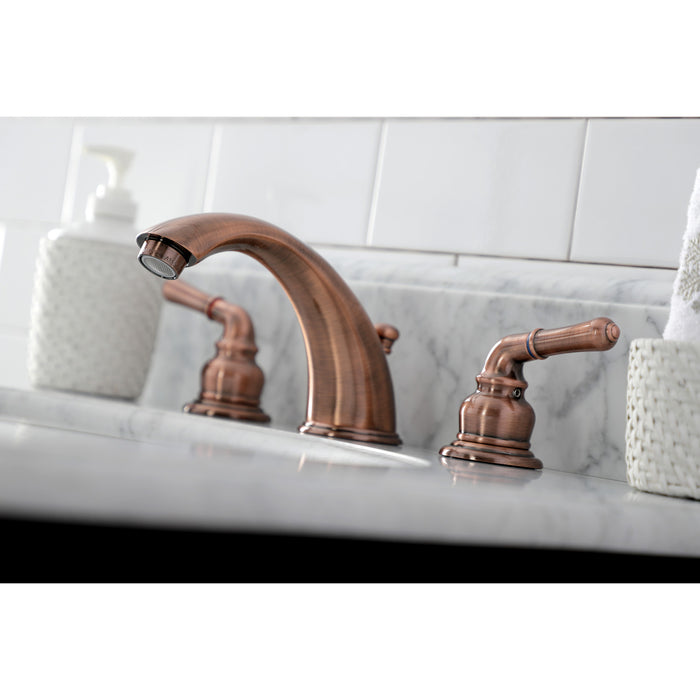 Kingston Tulare KB966 - Magellan Two-Handle 3-Hole Deck Mount Widespread Bathroom Faucet with Pop-Up Drain, Antique Copper