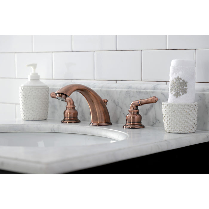 Kingston Tulare KB966 - Magellan Two-Handle 3-Hole Deck Mount Widespread Bathroom Faucet with Pop-Up Drain, Antique Copper