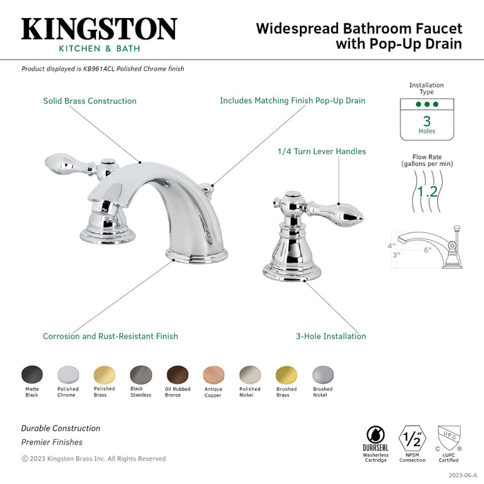 Kingston Tulare KB966ACLPN - American Classic Two-Handle 3-Hole Deck Mount Widespread Bathroom Faucet with Pop-Up Drain, Polished Nickel