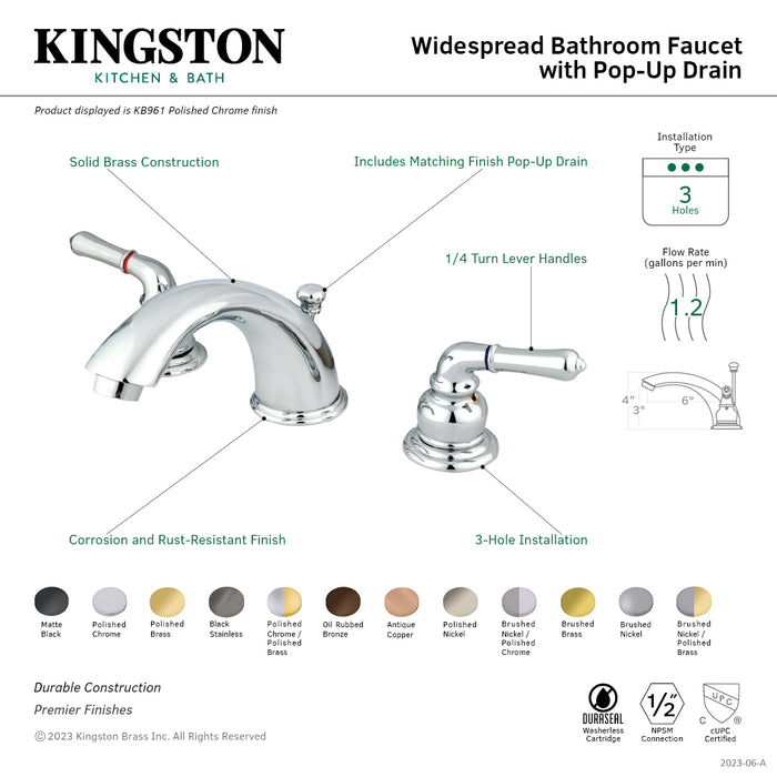 Kingston Tulare KB966PN - Magellan Two-Handle 3-Hole Deck Mount Widespread Bathroom Faucet with Pop-Up Drain, Polished Nickel