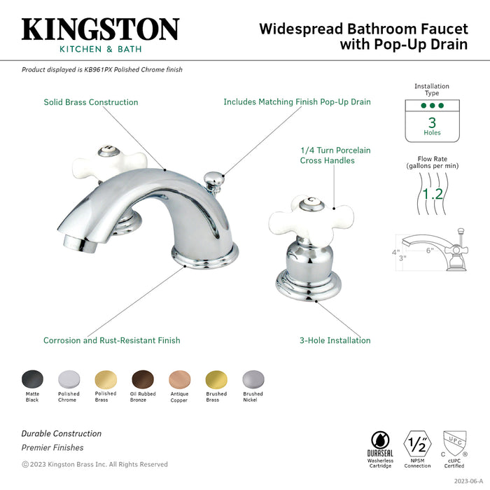 Kingston Heirloom KB967PXSB - Magellan Two-Handle 3-Hole Deck Mount Widespread Bathroom Faucet with Pop-Up Drain, Brushed Brass
