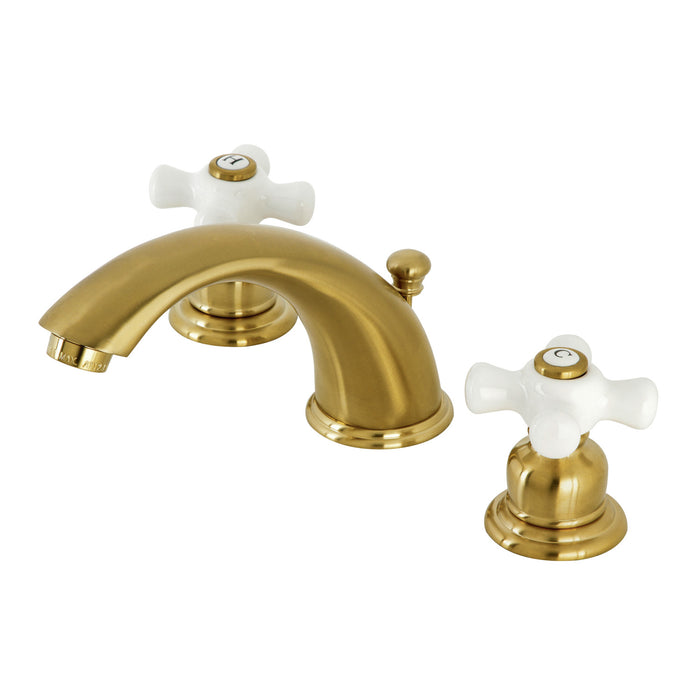 Kingston Heirloom KB967PXSB - Magellan Two-Handle 3-Hole Deck Mount Widespread Bathroom Faucet with Pop-Up Drain, Brushed Brass