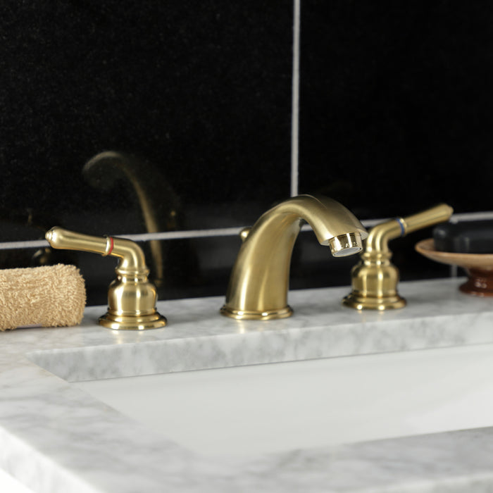 Kingston Tulare KB967SB - Magellan Two-Handle 3-Hole Deck Mount Widespread Bathroom Faucet with Pop-Up Drain, Brushed Brass